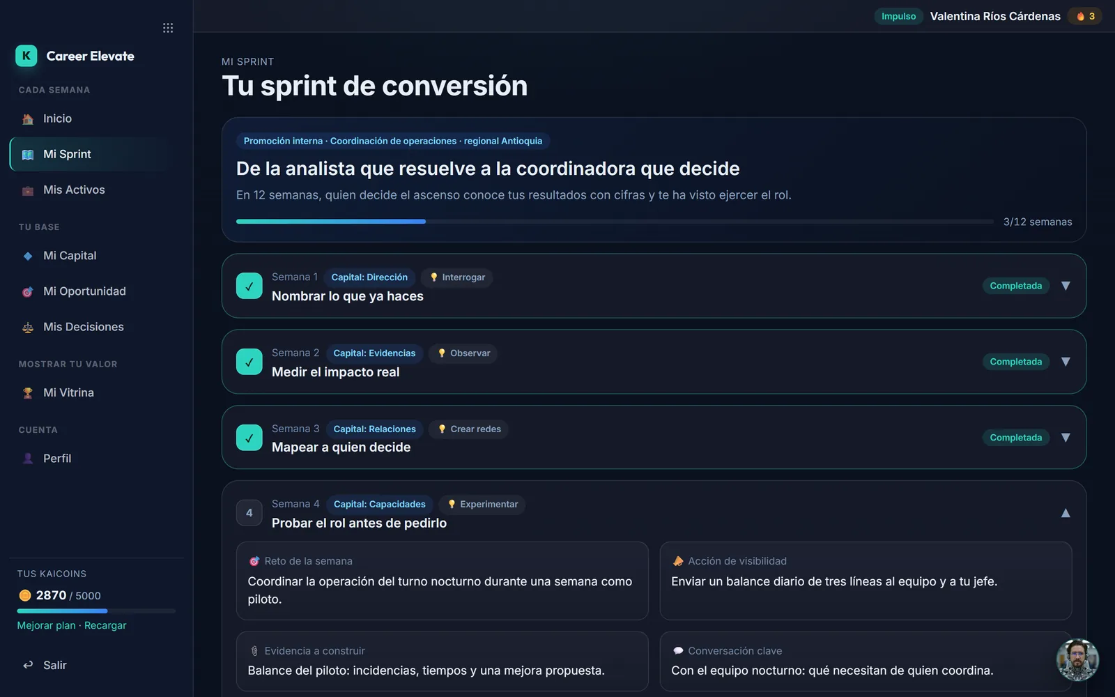 Mi Sprint: la ruta de 12 semanas, con las semanas cerradas a la vista y la siguiente lista para marcar