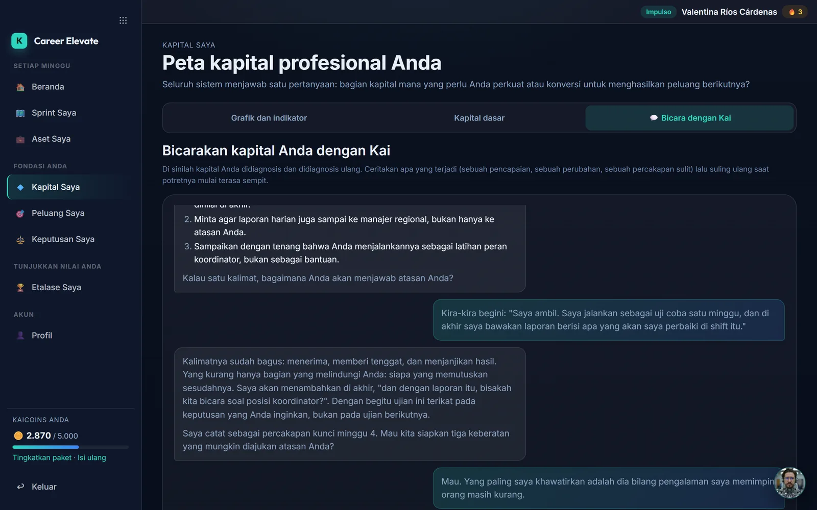 Kai Coach: percakapan yang mempersiapkan negosiasi promosi, dengan ingatan tentang kemajuan Anda
