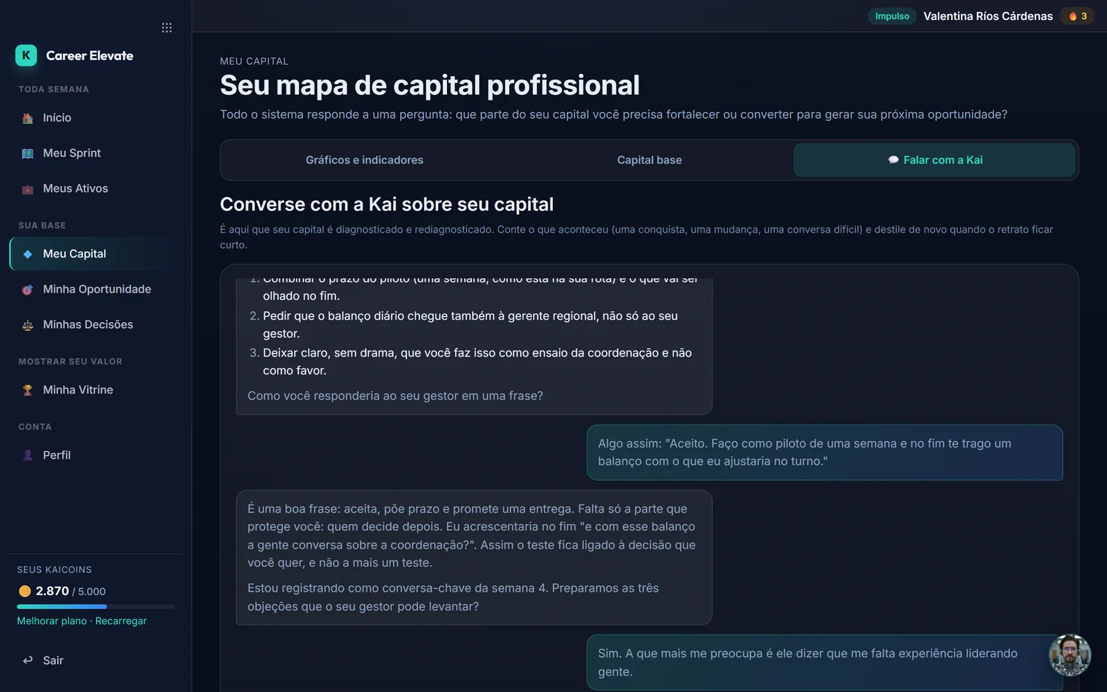 Kai Coach: a conversa que prepara a negociação de uma promoção, com memória do seu progresso