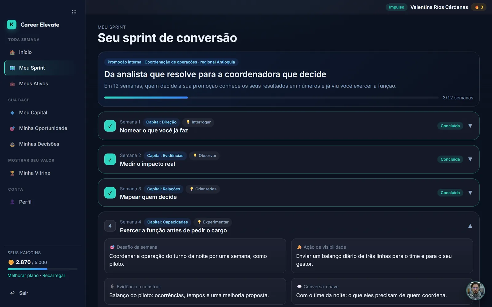 Meu Sprint: a trilha de 12 semanas, com as semanas concluídas à vista e a próxima pronta para marcar